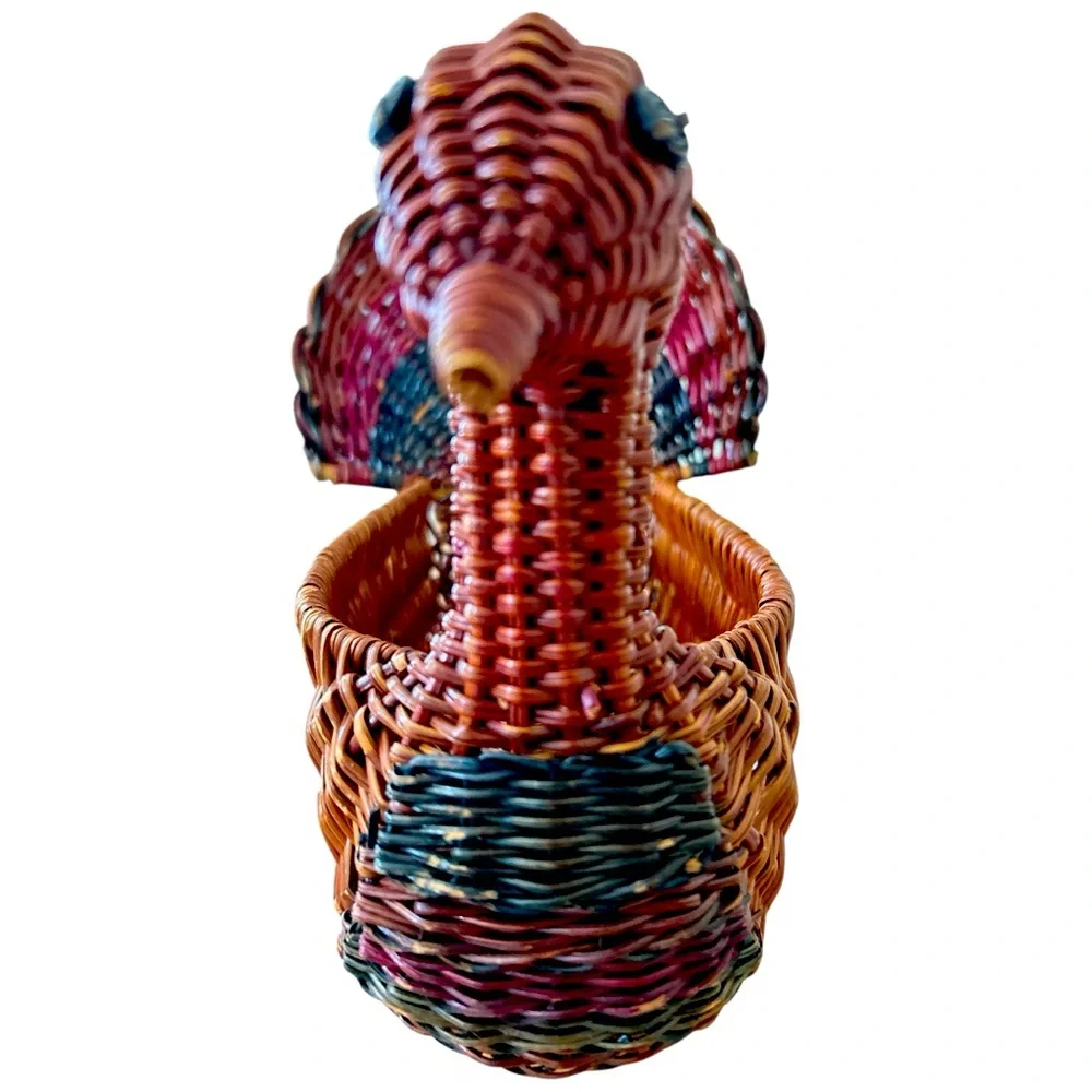 Vintage Turkey Wicker Basket Bread Bun Holder Holiday Thanksgiving Decor
